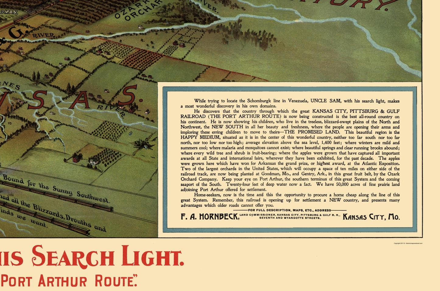Railroad Map - Port Arthur Route Uncle Sam and Search Light - Hornbeck 1896 - 23 x 34 - Vintage Wall Art