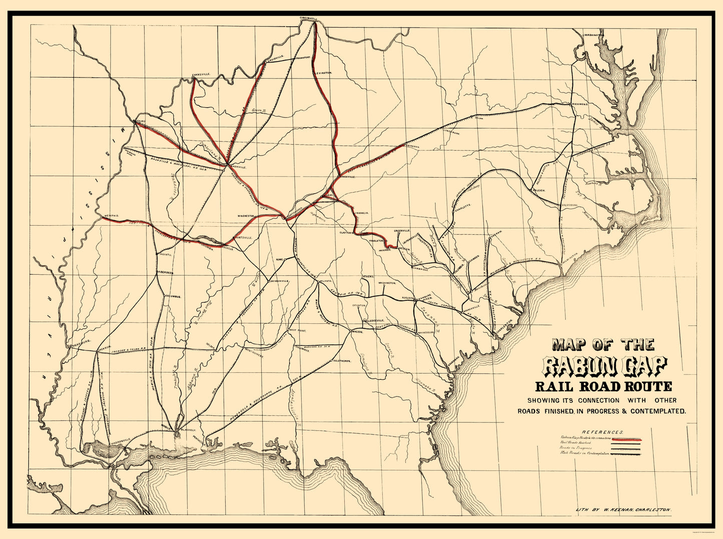 Railroad Map - Rabun Gap Railroad - Keenan 1850 - 23 x 30.86 - Vintage Wall Art