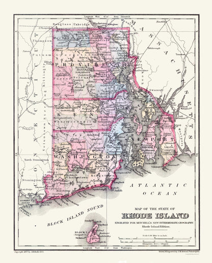 Historic State Map - Rhode Island - Mitchell 1877 - 23 x 28.45 - Vintage Wall Art