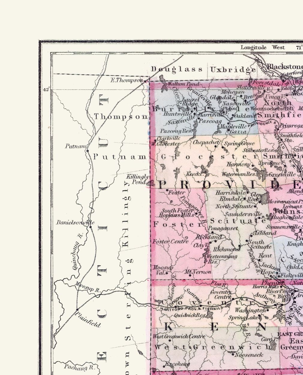 Historic State Map - Rhode Island - Mitchell 1877 - 23 x 28.45 - Vintage Wall Art