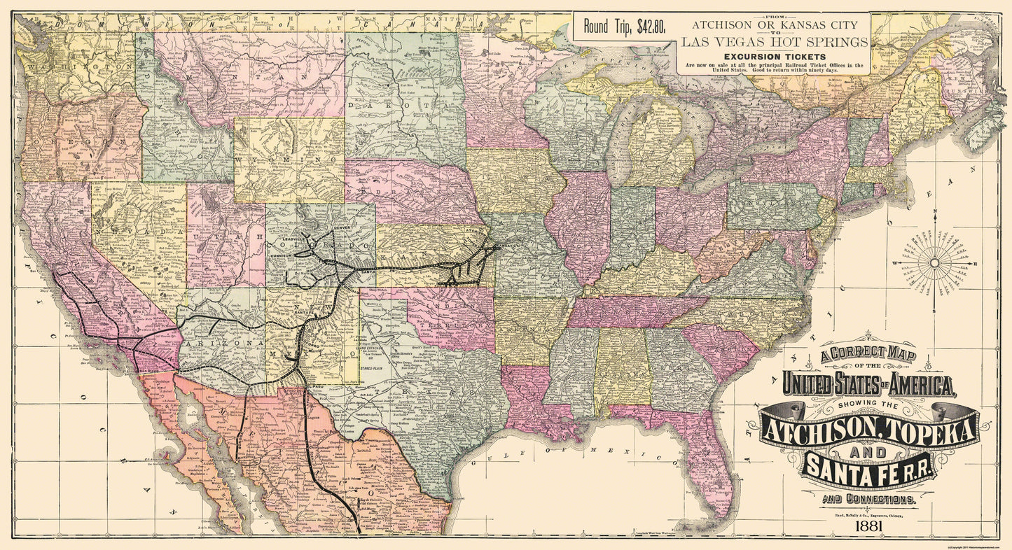 Railroad Map - Atchison Topeka and Santa Fe Railroad - Rand McNally 1881 - 42.31 x 23 - Vintage Wall Art