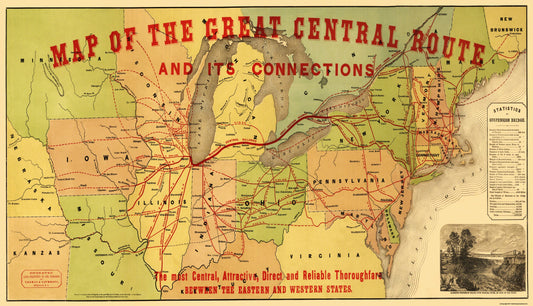 Railroad Map - Great Central Railroad Route - Thomas 1856 - 40 x 23 - Vintage Wall Art