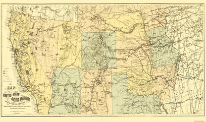 Railroad Map - Union Pacific Eastern Connections - Keeler 1867 - 38 x 23 - Vintage Wall Art