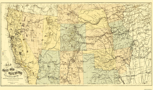 Railroad Map - Union Pacific Eastern Connections - Keeler 1867 - 38 x 23 - Vintage Wall Art