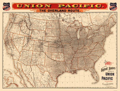 Railroad Map - Union Pacific Railroad - Knight 1892 - 30.06 x 23 - Vintage Wall Art