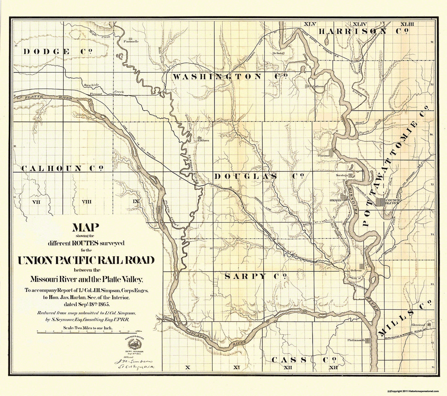 Railroad Map - Union Pacific Missouri River Platte Valley - 1865 - 25 x 23 - Vintage Wall Art