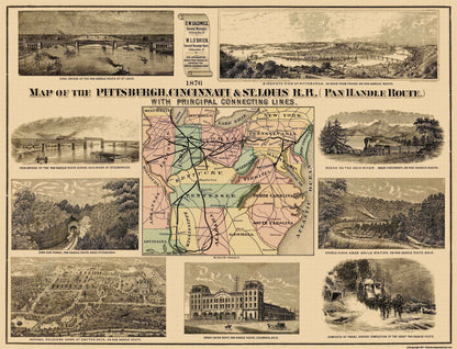 Railroad Map - Pittsburgh Cincinnati and St Louis Railroad - 1876 - 30.06 x 23 - Vintage Wall Art