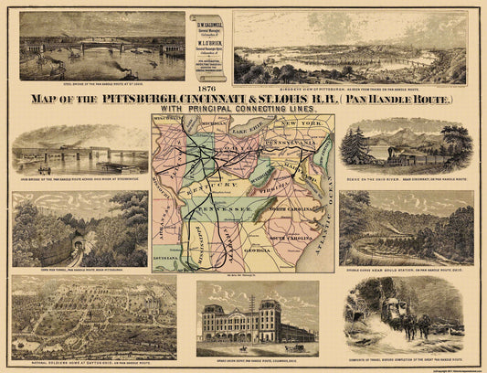 Railroad Map - Pittsburgh Cincinnati and St Louis Railroad - 1876 - 30.06 x 23 - Vintage Wall Art