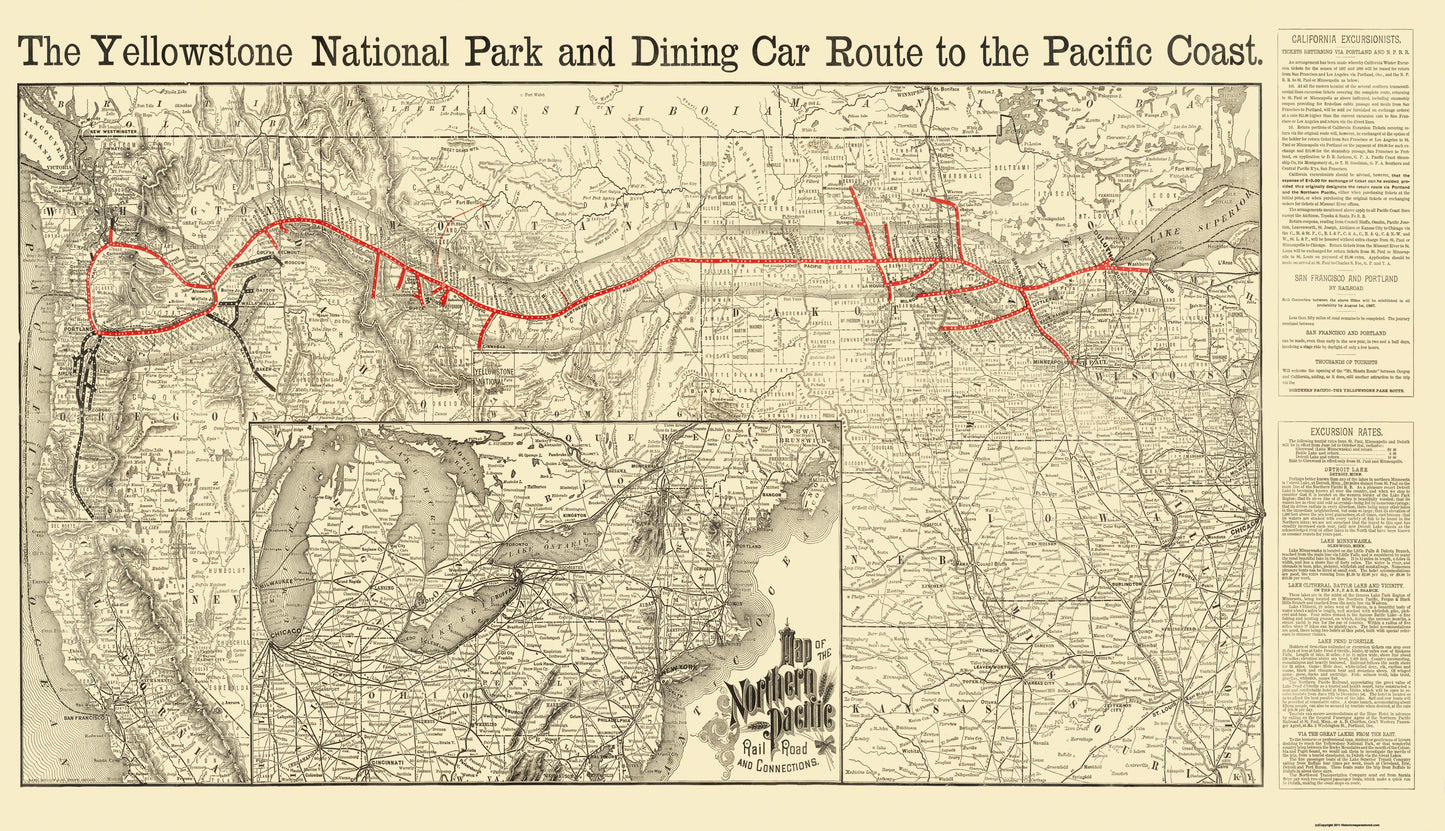 Railroad Map - Northern Pacific Railroad Yellowstone Route - Rand McNally 1897 - 40 x 23 - Vintage Wall Art