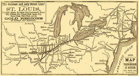 Railroad Map - Toledo Wabash and Great Western Railroa - 1859 - 41 x 23 - Vintage Wall Art