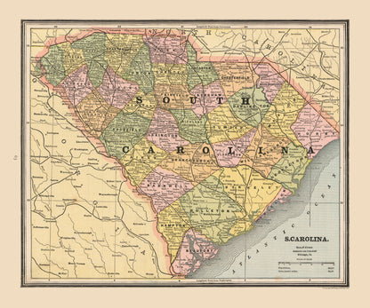 Historic State Map - South Carolina - Cram 1888 - 27.61 x 23 - Vintage Wall Art