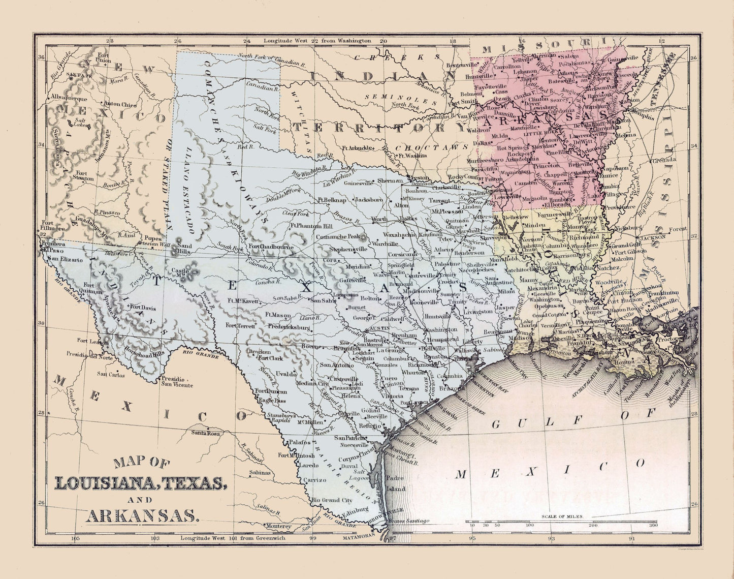 Historic State Map - Louisiana Texas Arkansas - Mitchell 1877 - 29.17 x 23 - Vintage Wall Art