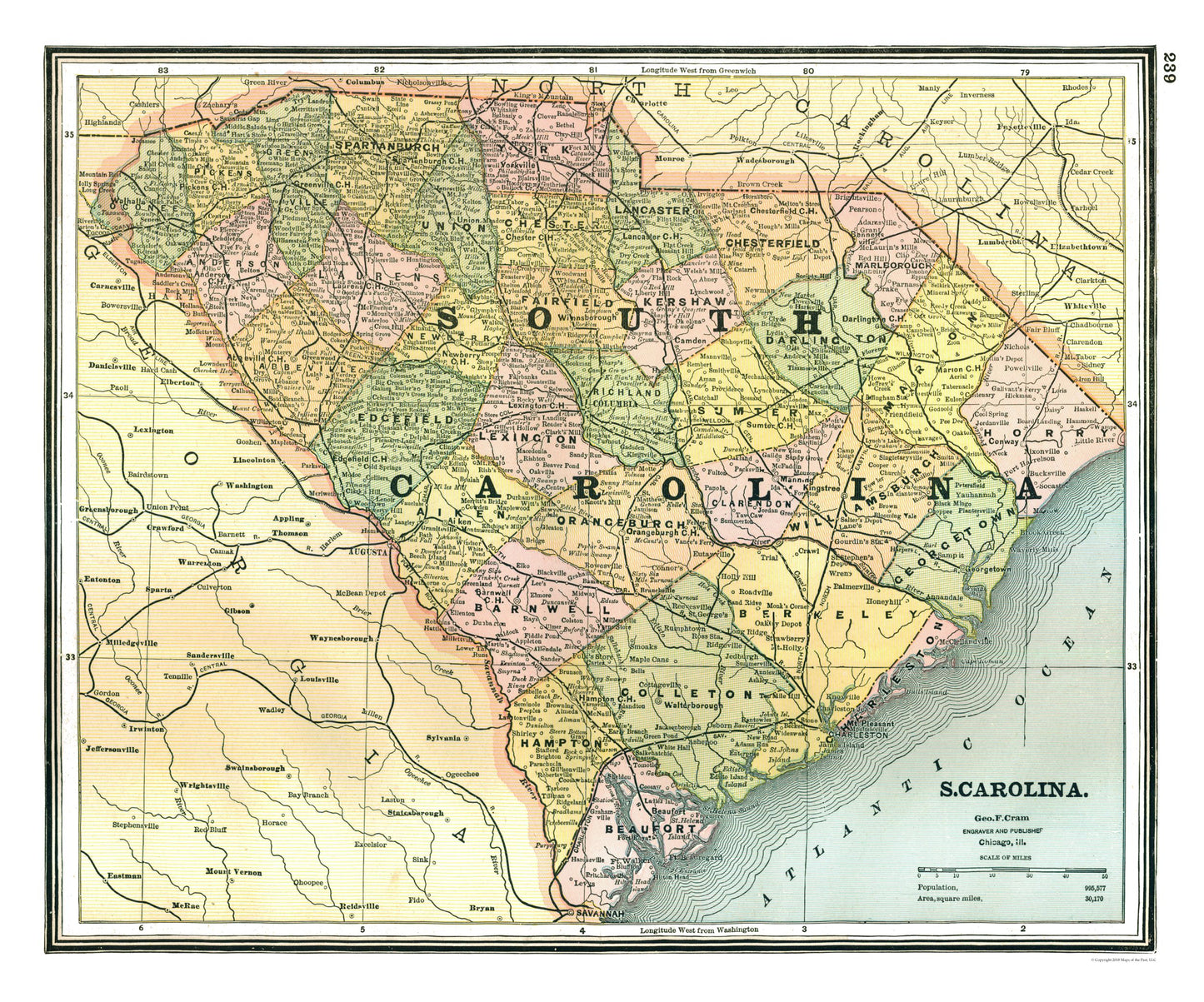 Historic State Map - South Carolina - Johnson 1888 - 27.62 x 23 - Vintage Wall Art