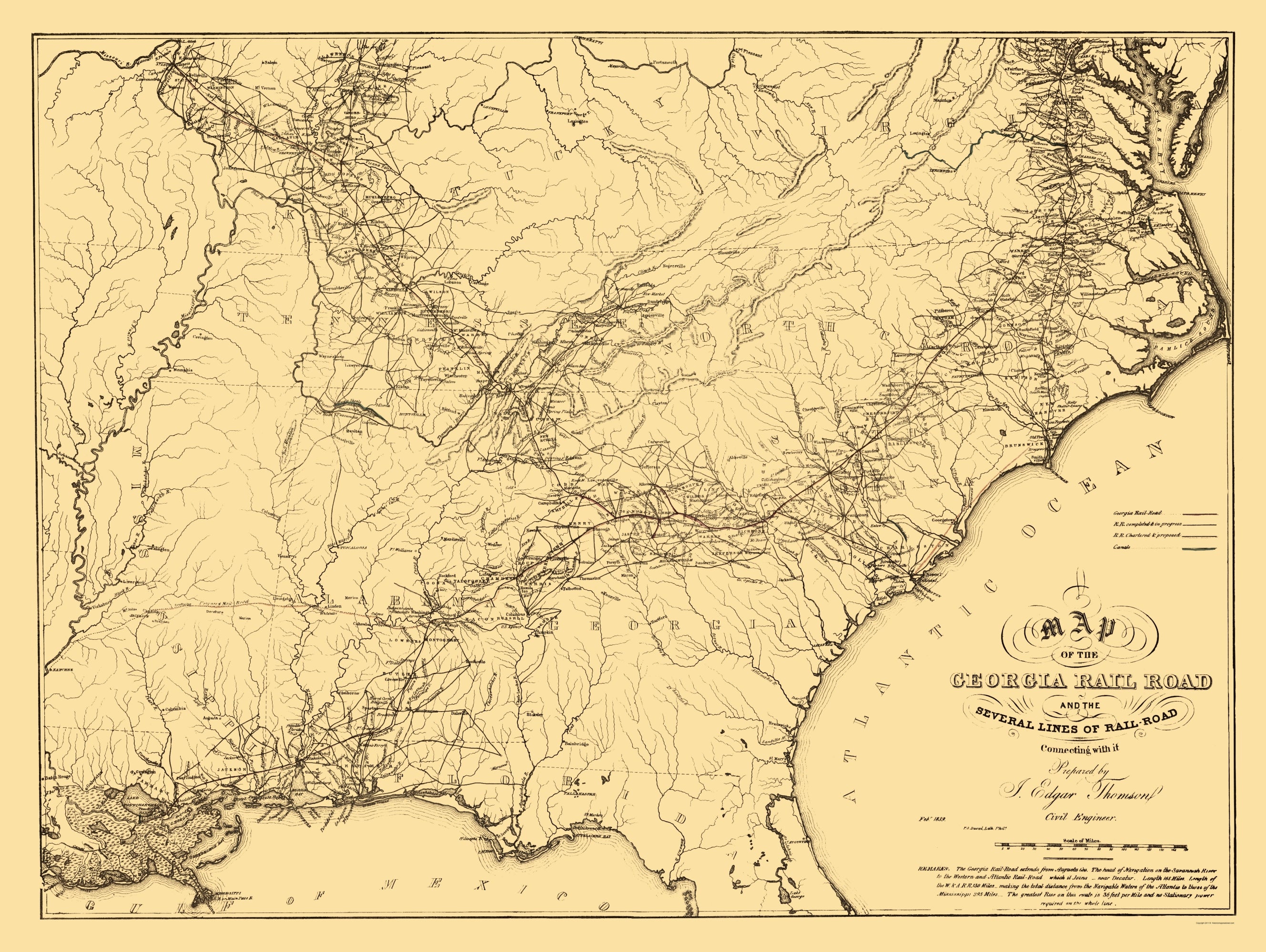 Railroad Map - Georgia Railroad - Thompson 1839 - 23 x 30.56 - Vintage ...