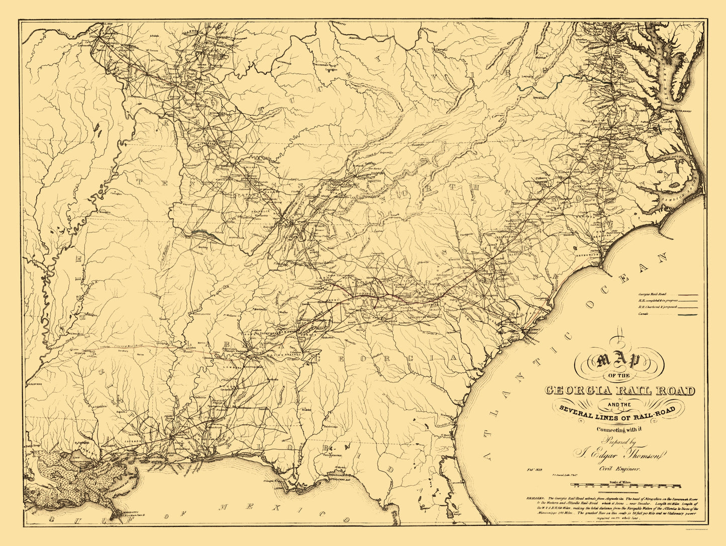 Railroad Map - Georgia Railroad - Thompson 1839 - 23 x 30.56 - Vintage Wall Art