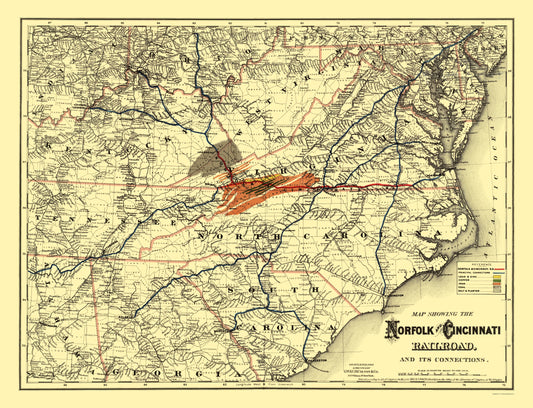 Railroad Map - Norfolk and Cincinnati Railroad - Colton 1882 - 23 x 30.04 - Vintage Wall Art