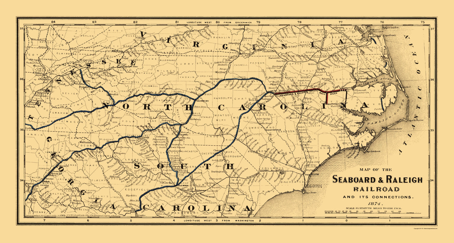 Railroad Map - Seaboard and Raleigh Railroad - Colton 1874 - 23 x 42.91 - Vintage Wall Art