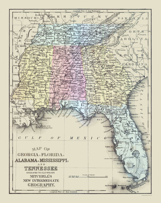 Historic State Map - United States South Eastern - Mitchell 1877 - 23 x 29.01 - Vintage Wall Art
