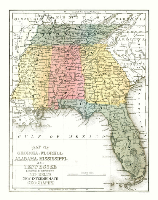Historic State Map - Southeast Coast - Mitchell 1869 - 23 x 29.02 - Vintage Wall Art