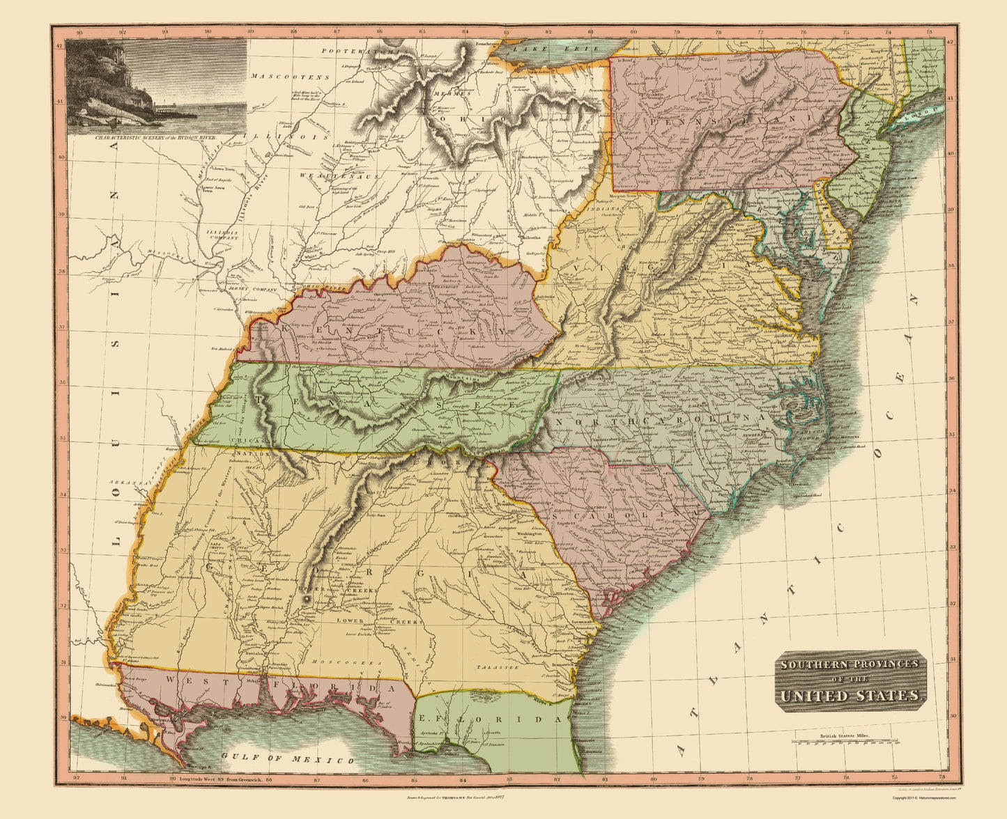 Historic State Map - United States South Eastern - Thomson 1817 - 23 x 28.27 - Vintage Wall Art