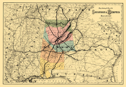 Railroad Map - Savannah and Memphis Railroad - Colton 1872 - 23 x 33.05 - Vintage Wall Art