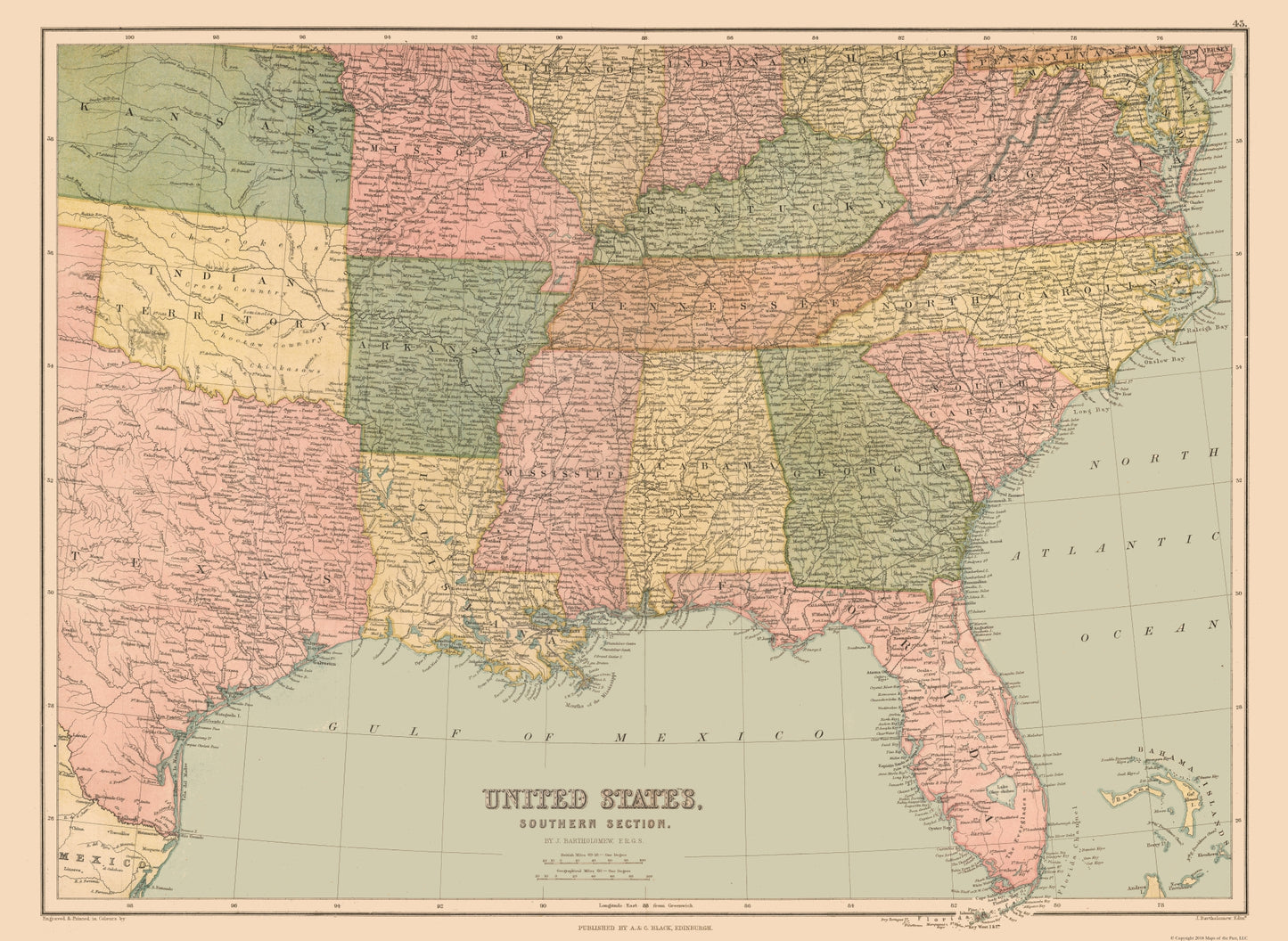 Historic State Map - United States South Eastern - Black 1867 - 31.47 x 23 - Vintage Wall Art