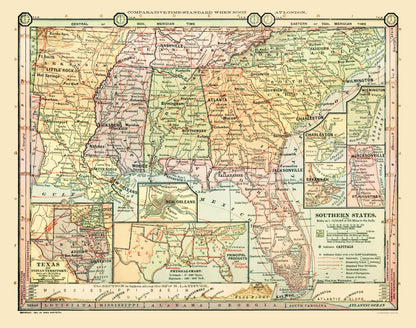 Historic State Map - Southern States - Monteith 1882 - 29.17 x 23 - Vintage Wall Art