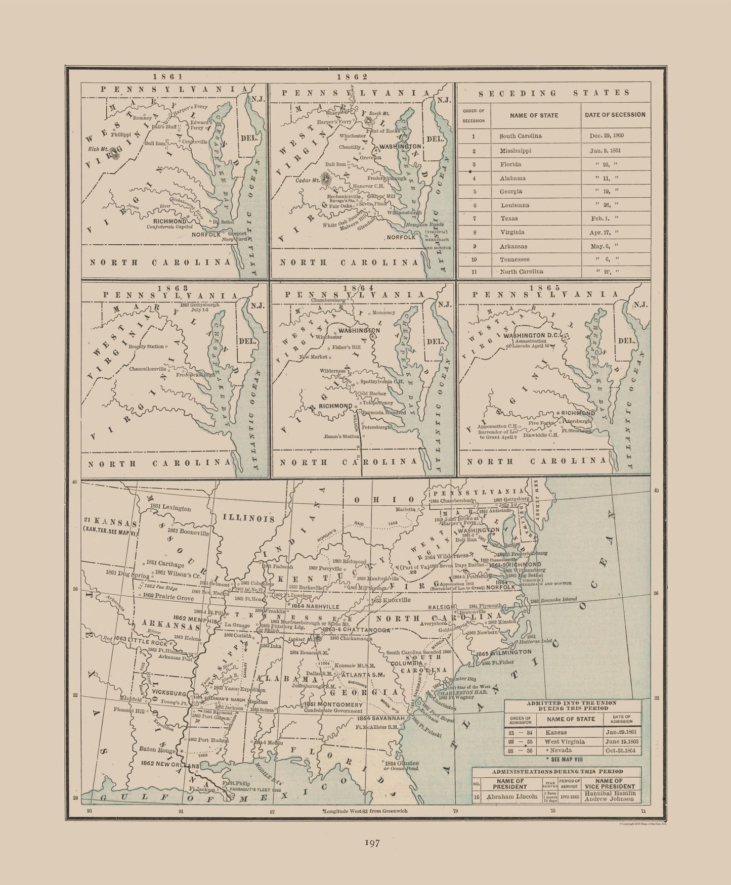 Historic State Map - Seceding States 18601865 - Cram 1892 - 23 x 27.86 - Vintage Wall Art