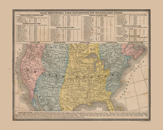 Historic State Map - United States Time Divisions - Cram 1888 - 28.74 x 23 - Vintage Wall Art