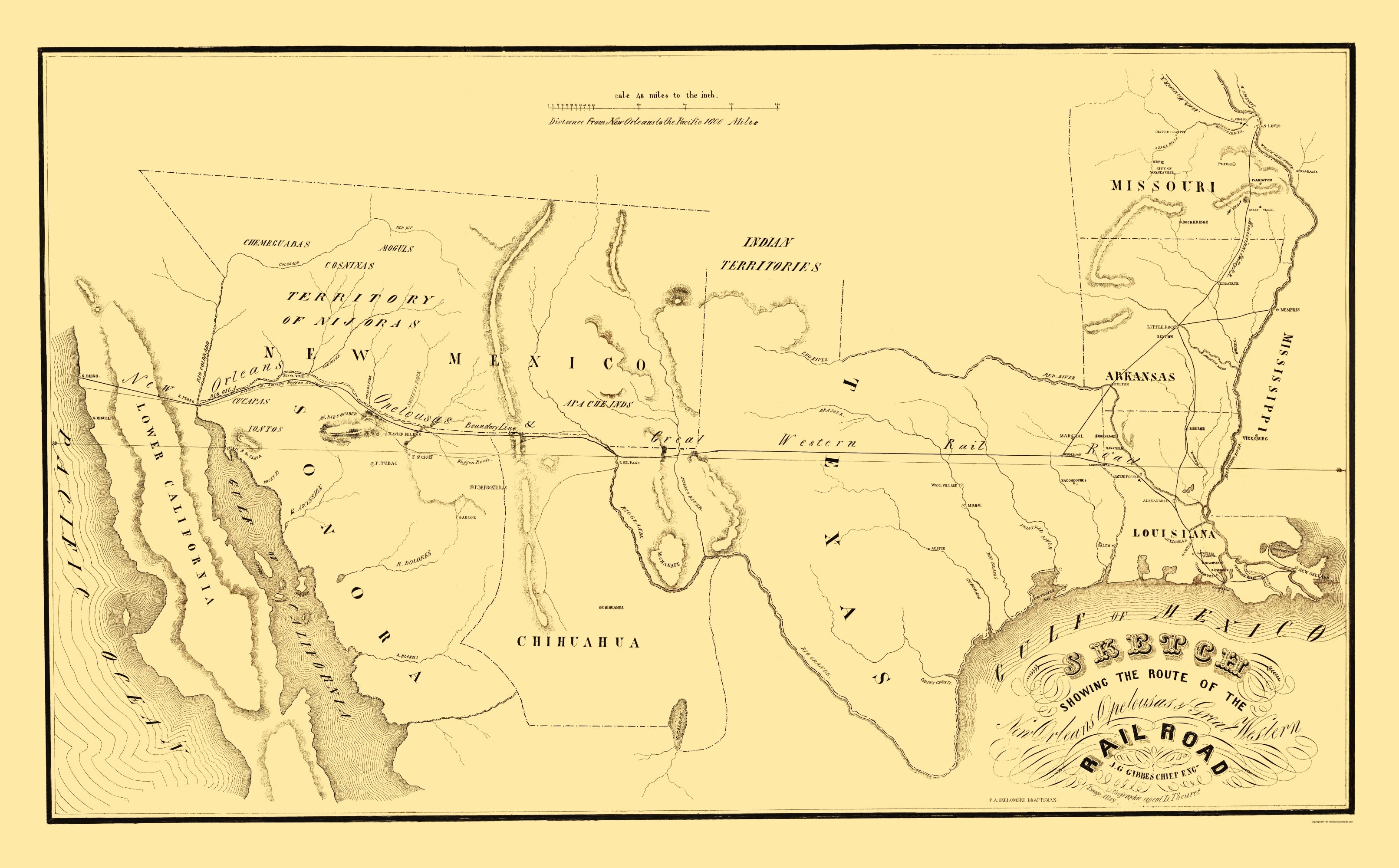 Springport 1853 Map Railroad Map - New Orleans Opelousas and Great Western - Colton 1853 ...