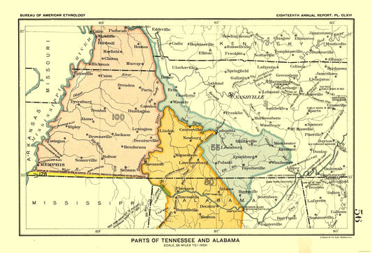 Historic State Map - Tennessee Alabama - Hoen 1896 - 33.75 x 23 - Vintage Wall Art