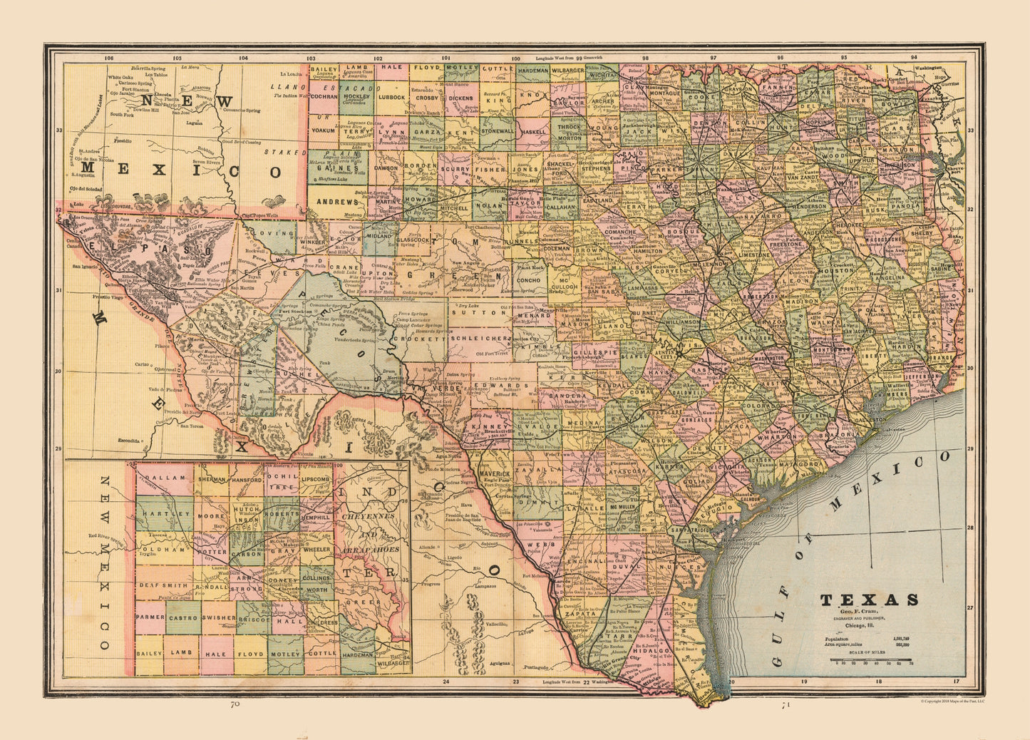 Historic State Map - Texas - Cram 1888 - 32.04 x 23 - Vintage Wall Art