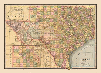 Historic State Map - Texas - Cram 1888 - 32.04 x 23 - Vintage Wall Art