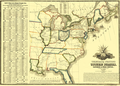 Historic Map - United States Canada Telegraph Stations - Barr 1853 - 23 x 32 - Vintage Wall Art