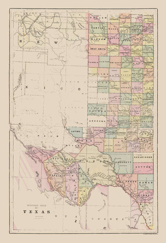 Historic State Map - Western Texas - Cram 1892 - 23 x 33.58 - Vintage Wall Art