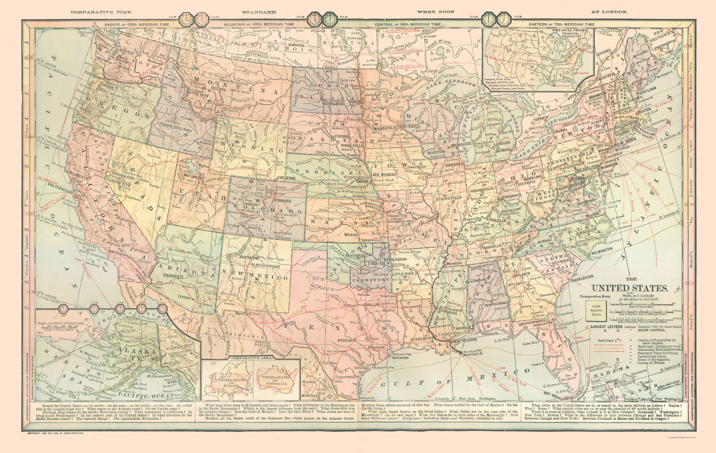 Historic State Map - United States Time Zones - Monteith 1882 - 36.37 x 23 - Vintage Wall Art