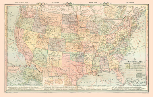 Historic State Map - United States Time Zones - Monteith 1882 - 36.37 x 23 - Vintage Wall Art