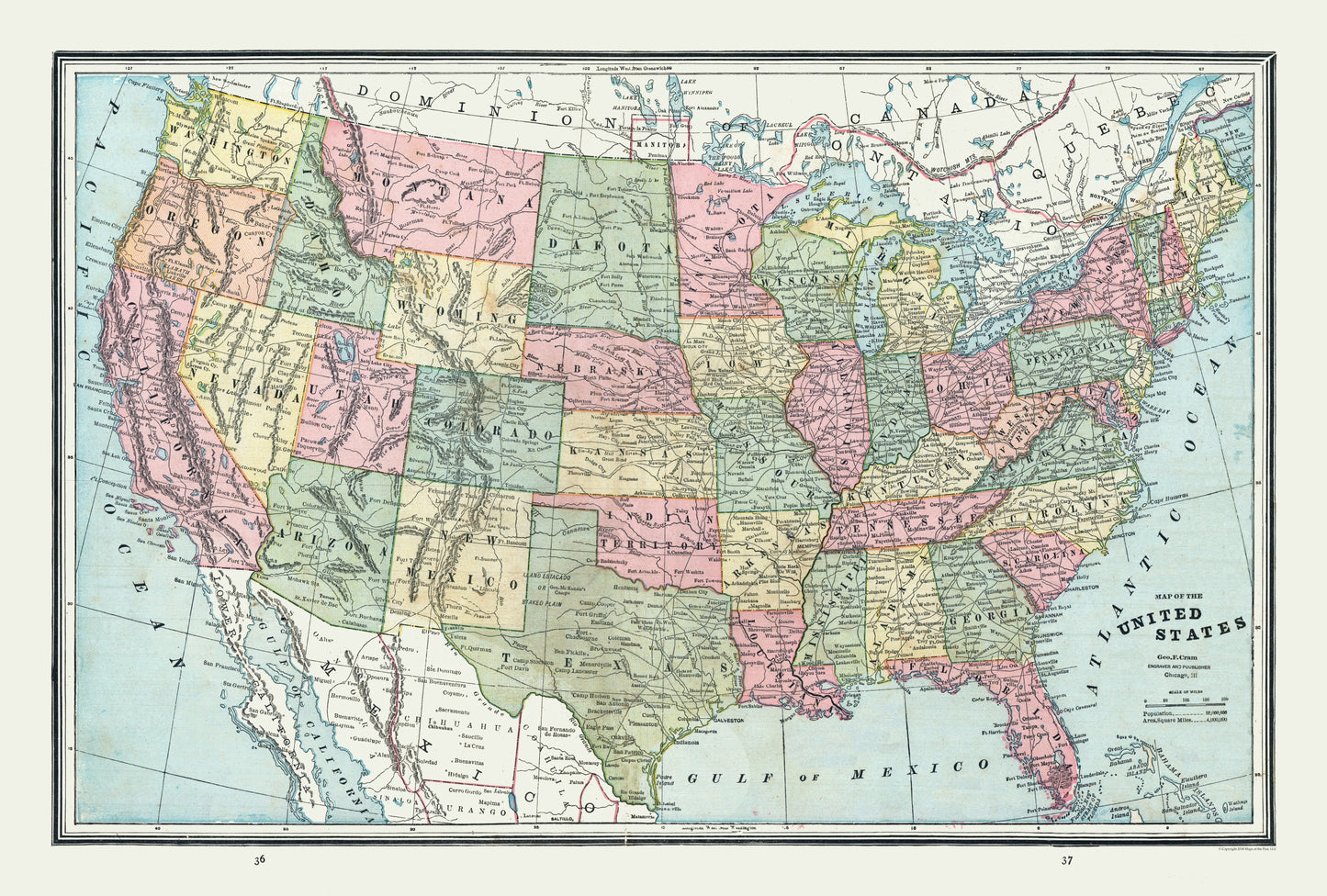 Historic State Map - United States - Cram 1888 - 34.05 x 23 - Vintage Wall Art