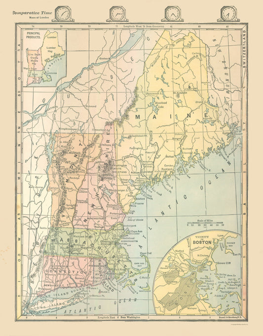 Historic State Map - United States Northeast - Monteith 1882 - 23 x 29.31 - Vintage Wall Art