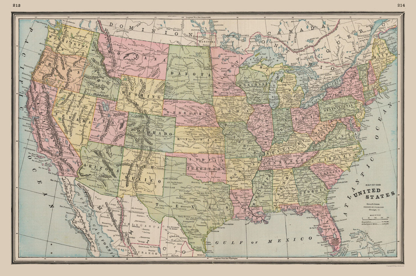 Historic State Map - United States - Johnson 1888 - 34.62 x 23 - Vintage Wall Art