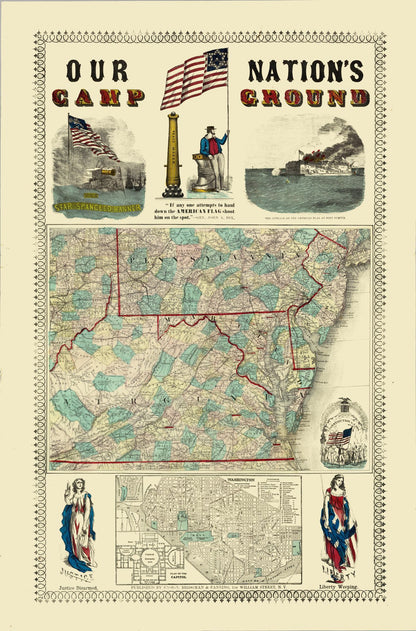 Historic State Map - Pennsylvania Virginia Campgrounds - Ensign - 23 x 34.90 - Vintage Wall Art