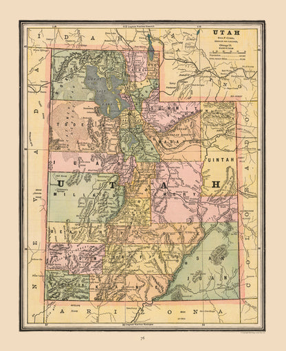 Historic State Map - Utah - Cram 1888 - 23 x 28.27 - Vintage Wall Art