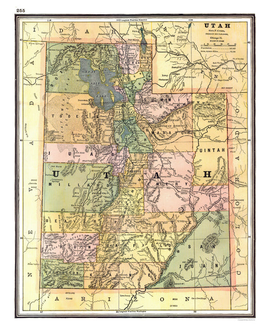 Historic State Map - Utah - Johnson 1888 - 23 x 28.26 - Vintage Wall Art