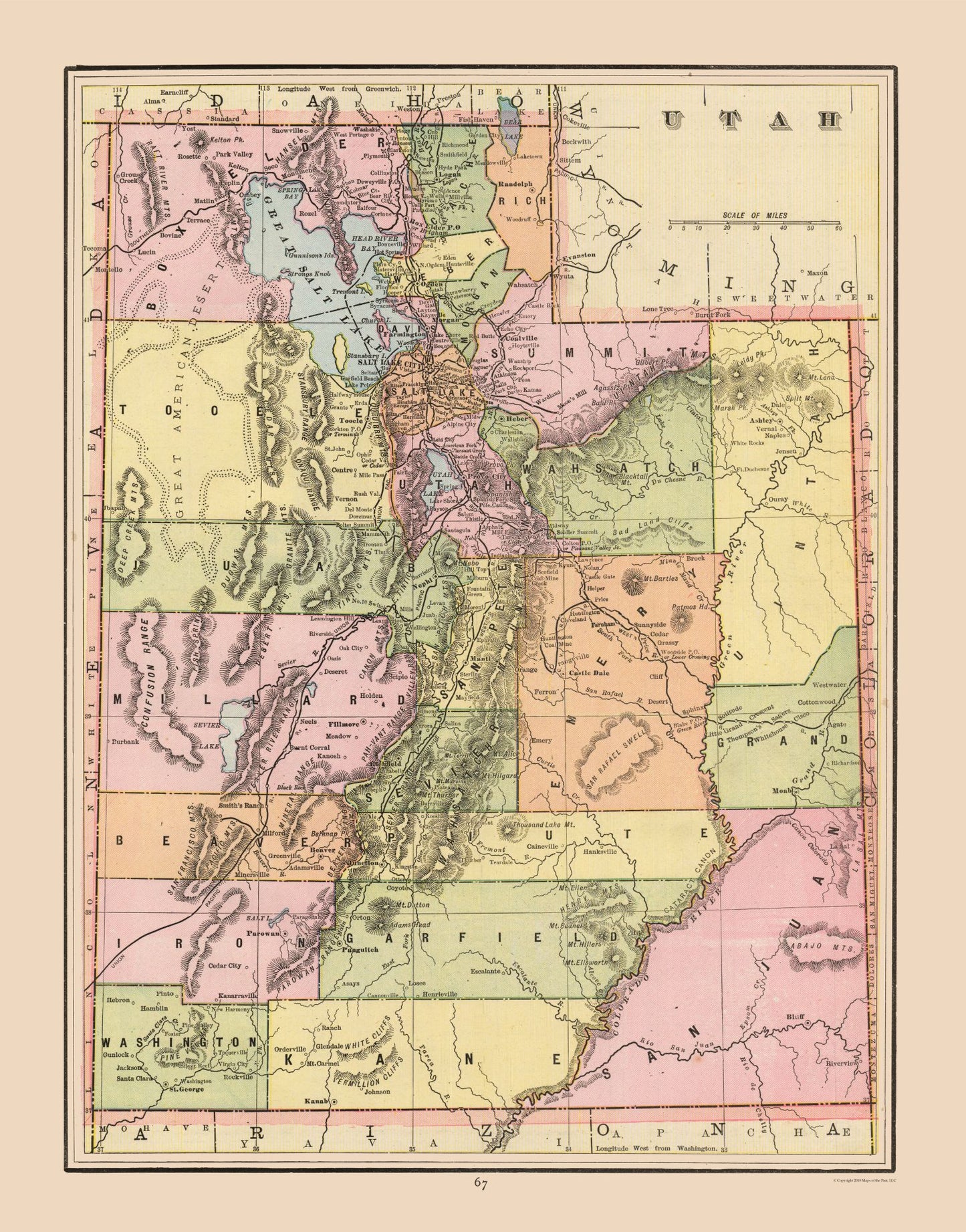 Historic State Map - Utah - Cram 1892 - 23 x 29.33 - Vintage Wall Art