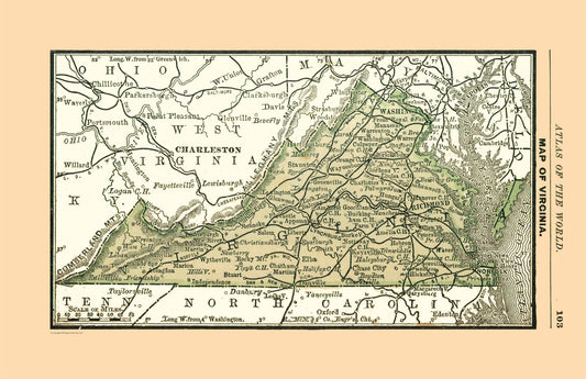 Historic State Map - Virginia - Alden 1886 - 35.57 x 23 - Vintage Wall Art