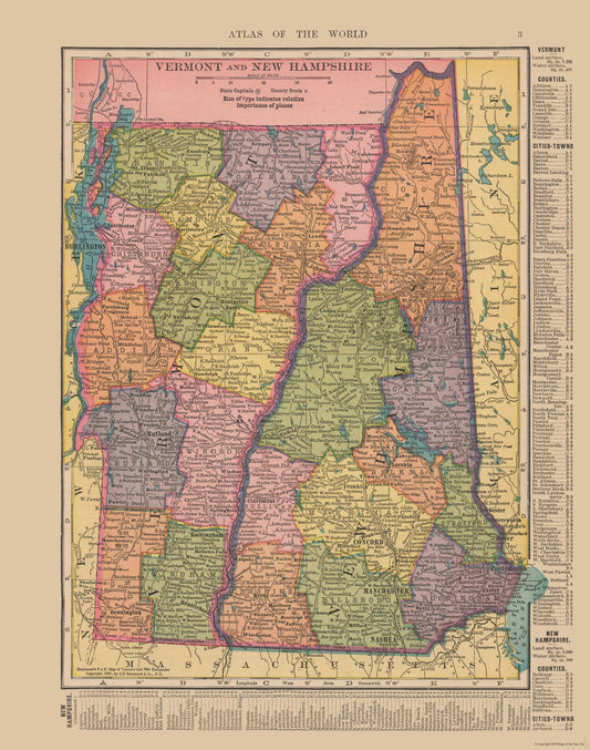 Historic State Map - Vermont New Hampshire - Hammond 1910 - 23 x 29.21 - Vintage Wall Art