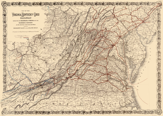 Railroad Map - Virginia Kentucky and Ohio Railroad - Colton 1881 - Vintage Wall Art