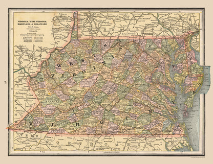 Historic State Map - Virginia West Virginia - Cram 1888 - 29.84 x 23 - Vintage Wall Art