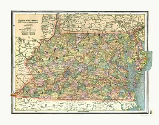 Historic State Map - Virginia Maryland Delaware - Johnson 1888 - 29.07 x 23 - Vintage Wall Art