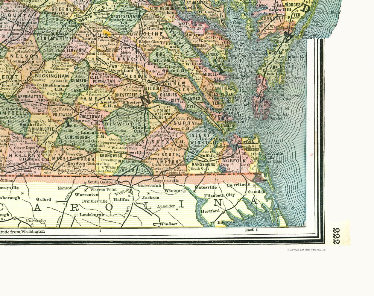 Historic State Map - Virginia Maryland Delaware - Johnson 1888 - 29.07 x 23 - Vintage Wall Art